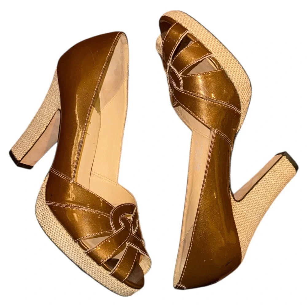 Cole Haan Charlize Nike Air Platform Peep Toe Patent Leather Pumps Metallic Sz 9